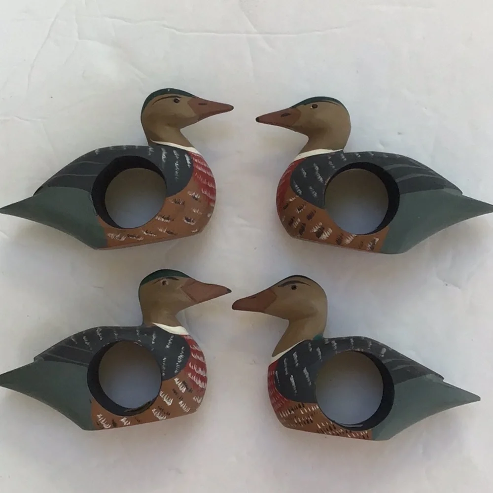 Hand Painted Rustic Primitive Wood Duck Napkin Rings‎ 4 pieces